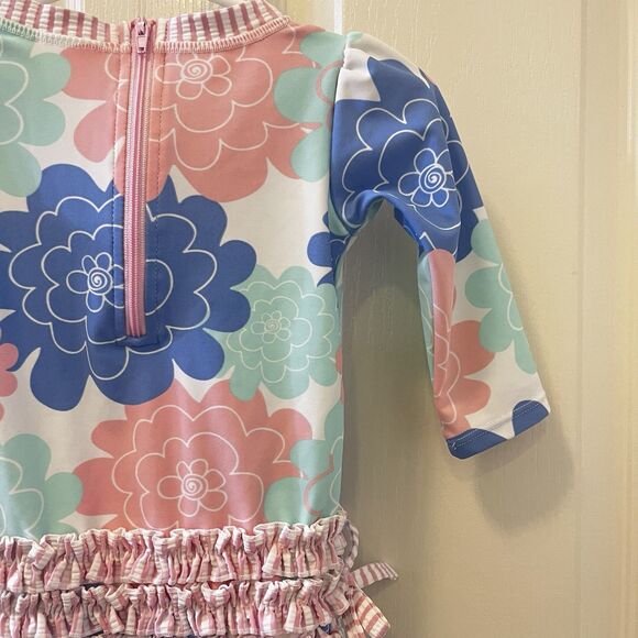 RuffleButts Pastel Petals Long Sleeve One-Piece Rashguard Swimsuit Girls 6-12 M - Picture 12 of 15